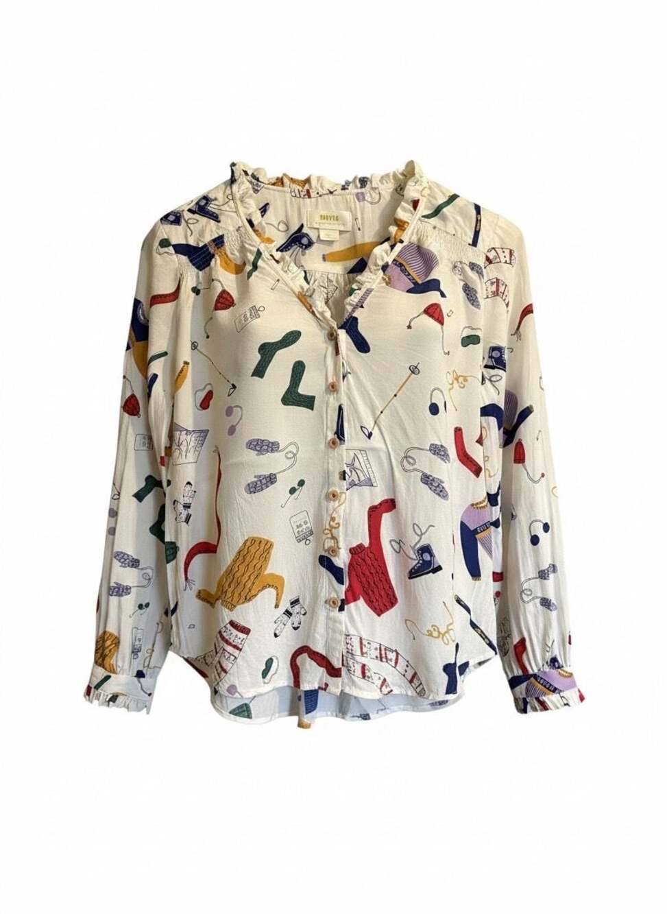 Maeve by Anthropologie Winter Themed Print Long Sleeve Ruffle Collar Button-Up B